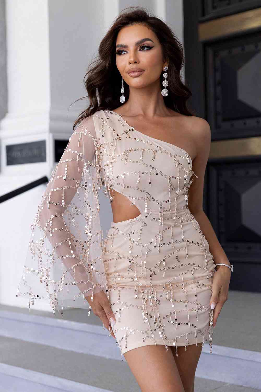 Sequin Cutout One Shoulder Dress