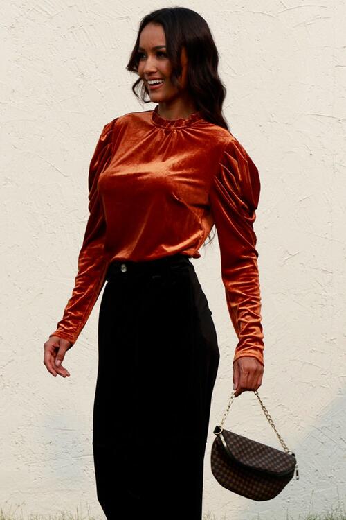 Round Neck Puff Sleeve Velvet Blouse