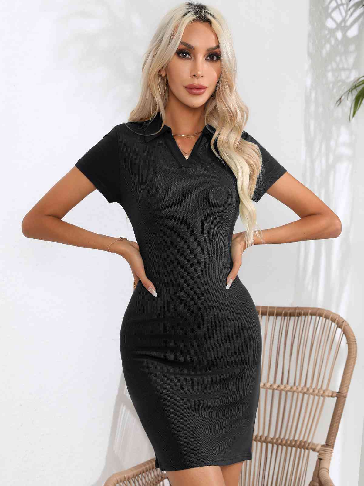 Johnny Collar Short Sleeve Bodycon Dress in 3 Color Choices in Size S, M, L, or XL