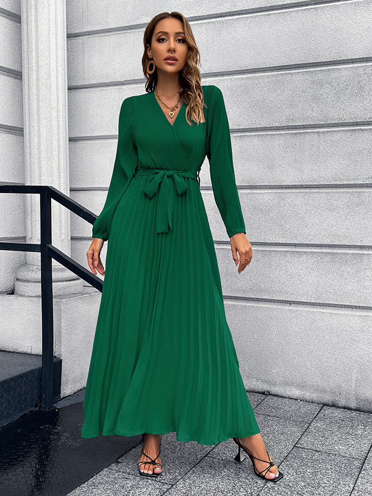 V Neck Pleated Maxi Dress in 5 Color Choices in Size S, M, L, XL, or 2XL