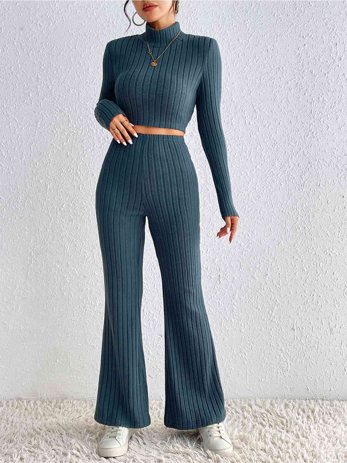 Peacock Blue Ribbed Cropped Sweater and High Waist Pants Set in Size S, M, L, or XL