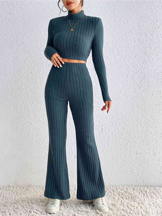 Peacock Blue Ribbed Cropped Sweater and High Waist Pants Set in Size S, M, L, or XL