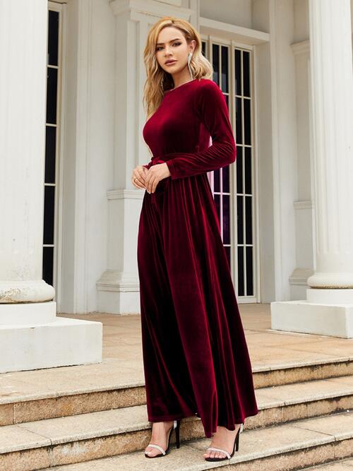 Tie Front Round Neck Long Sleeve Maxi Dress in 6 Color Choices in Size S, M, L, or XL