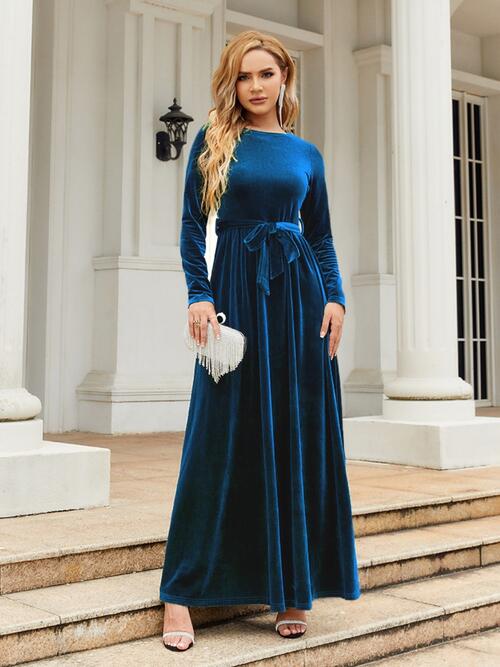 Tie Front Round Neck Long Sleeve Maxi Dress in 6 Color Choices in Size S, M, L, or XL