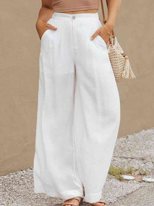 Wide Leg Buttoned White Pants in Size S, M, L, or XL