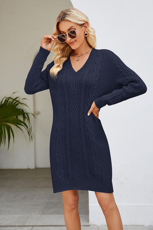 Cable-Knit Long Sleeve Sweater Dress in 4 Color Choices in Size S, M, L, or XL