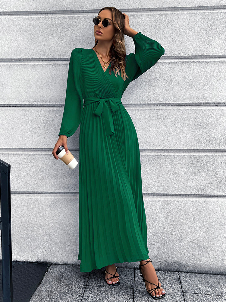 V Neck Pleated Maxi Dress in 5 Color Choices in Size S, M, L, XL, or 2XL