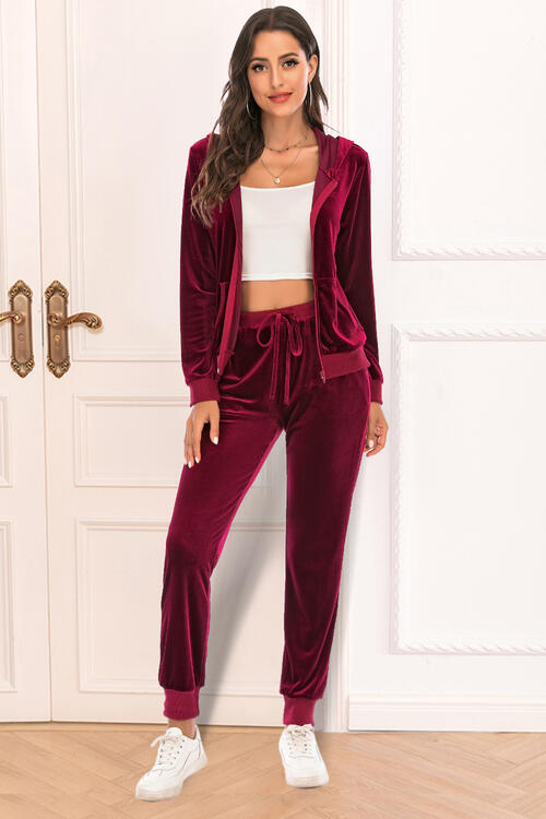 Zip-Up Hooded Jacket and Pants Set Wine