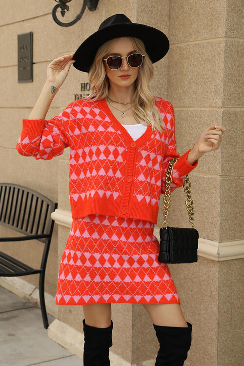 Red or Black Geometric Button Front Cardigan and Skirt Set in Size S, M, or L