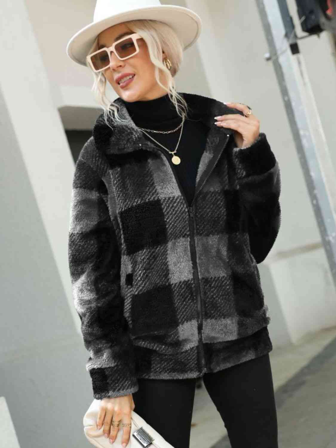 Plaid Zip-Up Collared Jacket Charcoal