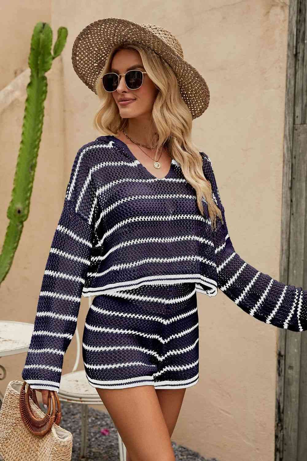Striped Openwork Knit Hoodie and Shorts Set in Size S, M, L, or XL