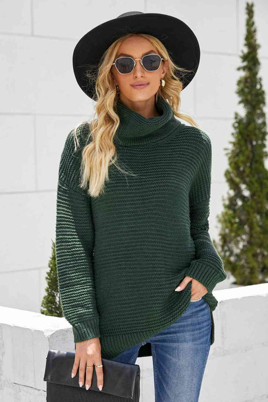 Horizontal Ribbing Turtleneck Sweater Army Green